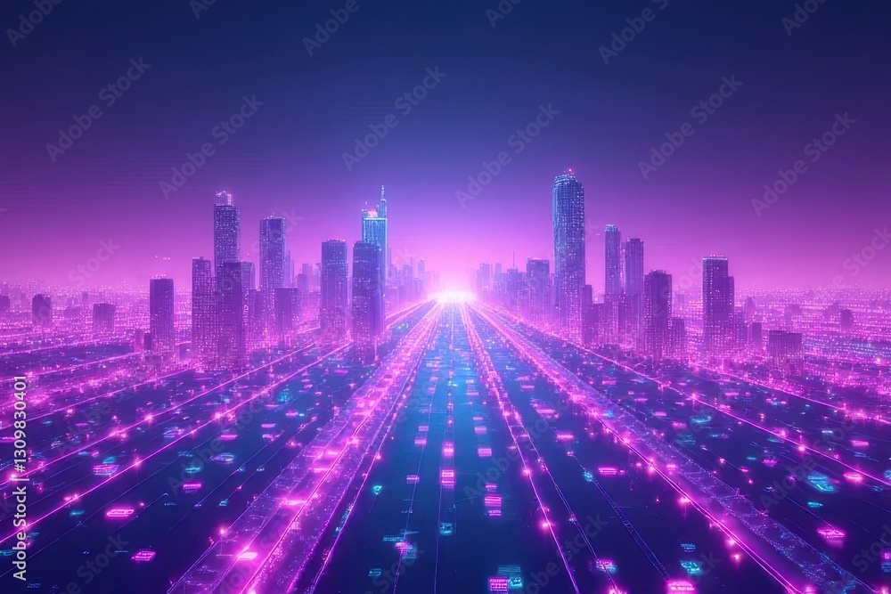 Fototapeta premium radiant neon purple-and-green circuit skyline with arranged center-left in a soft teal-to-white gradient in vibrant edges – Futuristic Digital Art