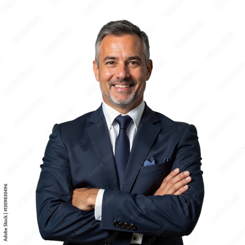 Confident businessman in suit smiling with arms crossed standing against white background Confident businessman in suit smiling with arms crossed standing against white background