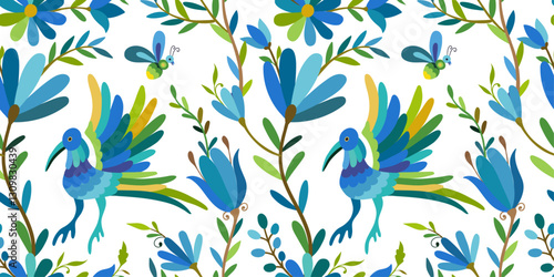 Seamless pattern with birds and flowers on white background. Colorful Mexican Traditional Textile Embroidery Style.