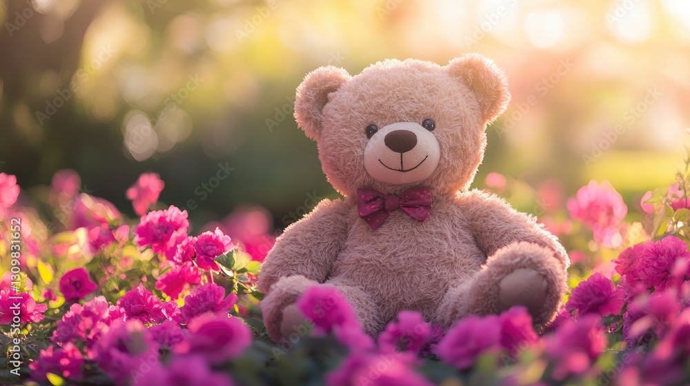 Fototapeta premium A cute teddy bear sitting among vibrant flowers in a sunlit garden.