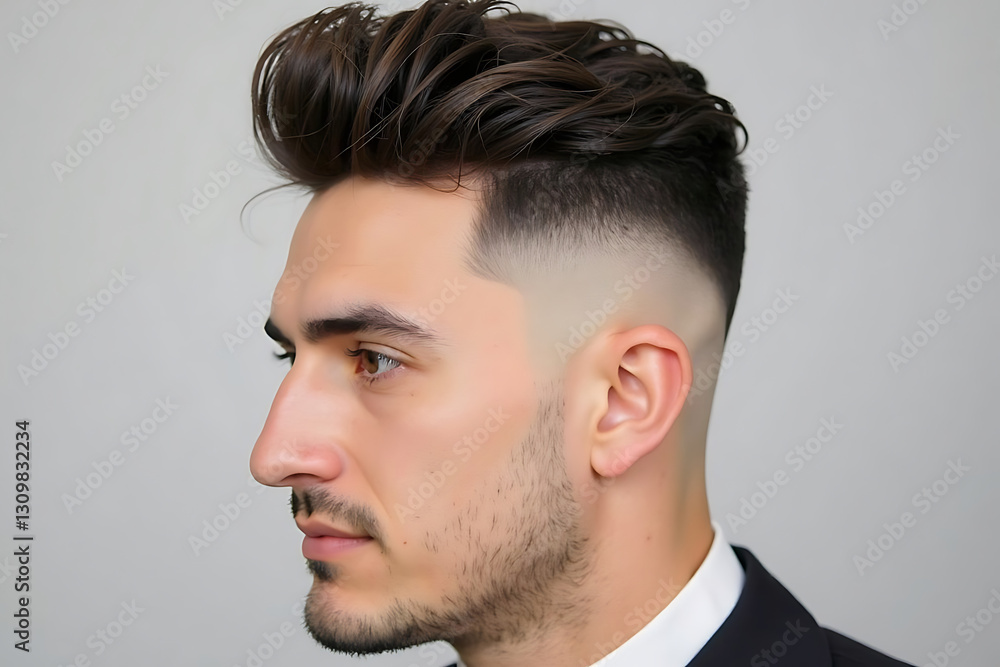 Obraz premium A fashionable young man sporting a pixie cut with side-swept bangs, creating a sharp, modern, and confident style. AI-generated
