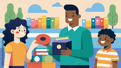 A friendly vendor greets customers with a smile as they browse through the colorful upcycled containers housing their quirky vintage book and record. Vector illustration