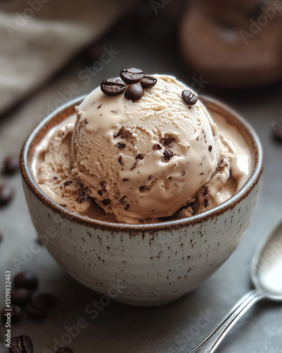 Delicious coffee-flavored ice cream served in a rustic bowl with chocolate chips and coffee beans