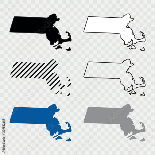 Massachusetts Map Black, State Border, United States, US America, Transparent Isolated, Variations. Vector. Massachusetts state isolated on background, USA map