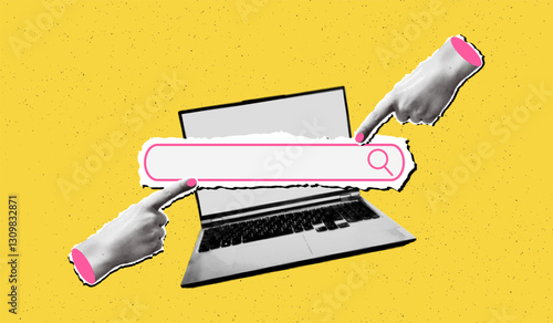 Trendy pop art collage search concept. Halftone laptop computer with search bar and cut out hands pointing on it on bold textured yellow background. Modern retro vector illustration mixed media design