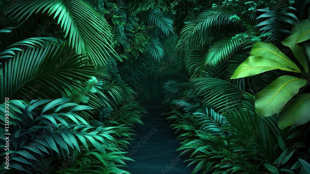 Lush Green Tropical Jungle Path Surrounded by Dense Foliage Lush Green Tropical Jungle Path Surrounded by Dense Foliage