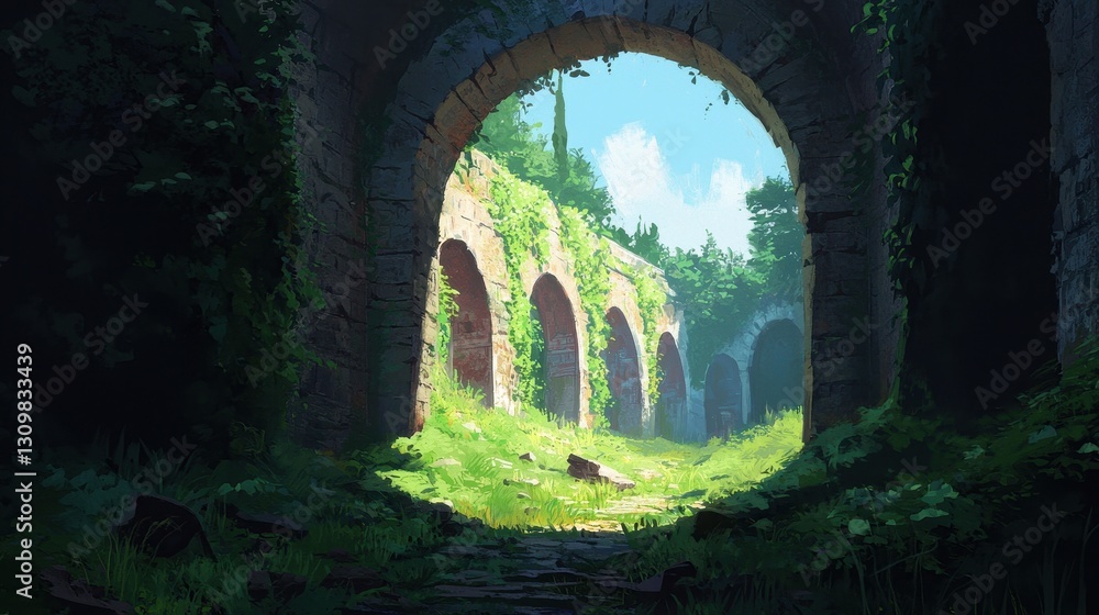 Lush Green Archway in Abandoned Stone Ruins with Overgrown Vegetation Lush Green Archway in Abandoned Stone Ruins with Overgrown Vegetation