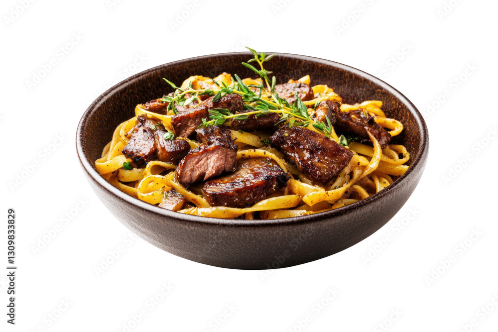 A rustic serving of linguine pasta combined with crispy fried chicken liver and fresh herbs A rustic serving of linguine pasta combined with crispy fried chicken liver and fresh herbs