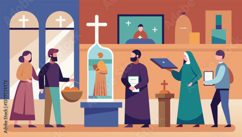 In the historical section of the museum a group of churchgoers study relics and artifacts related to their faith.. Vector illustration