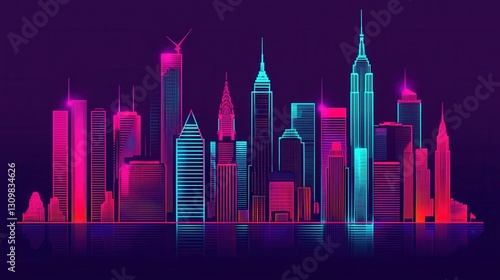 Neon Skyline Cityscape Illustration with Bright Colors and Lights
