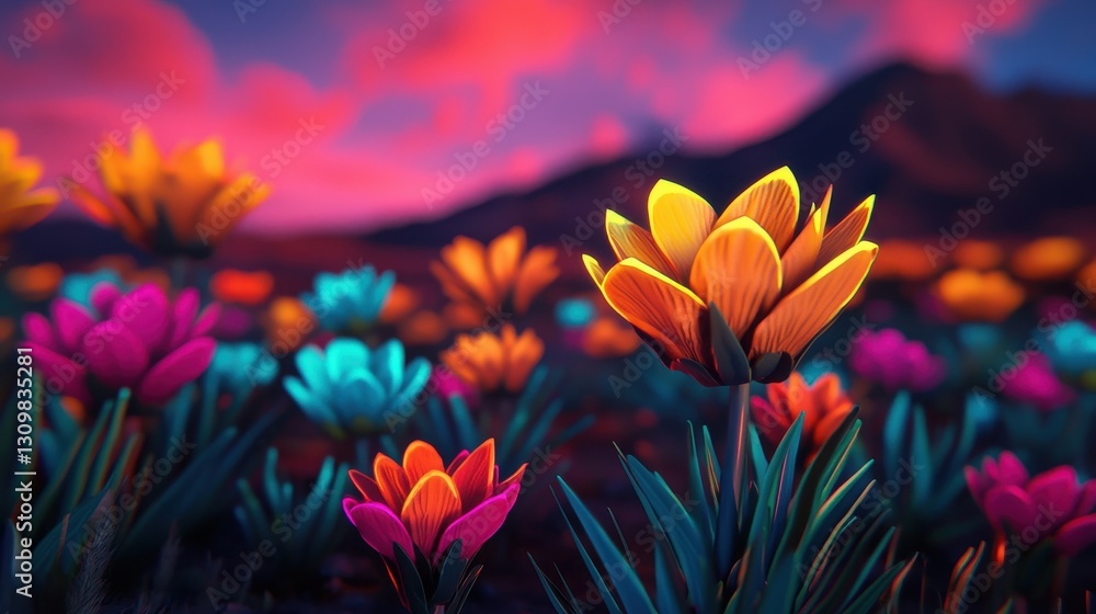 Naklejka premium Vibrant Colorful Flowers Under Dramatic Sky at Sunset