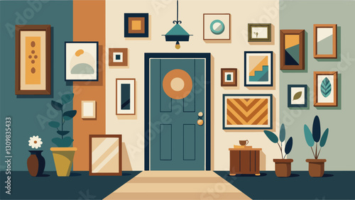 A gallery wall in the entryway filled with curated vintage artwork and wooden frames welcoming guests with a glimpse into the homeowners love for. Vector illustration