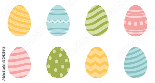 easter eggs set of objects, happy easter egg collection, colorful, multicolored paint, easter decoration with ornament, spring holiday, traditional hunting celebration, vector illustration