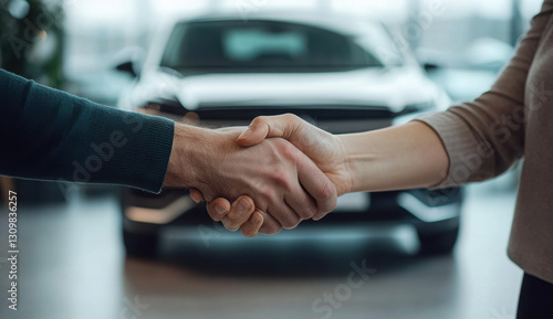A customer and a salesperson engage in a handshake, signaling an agreement during a vehicle purchase discussion at a contemporary car dealership