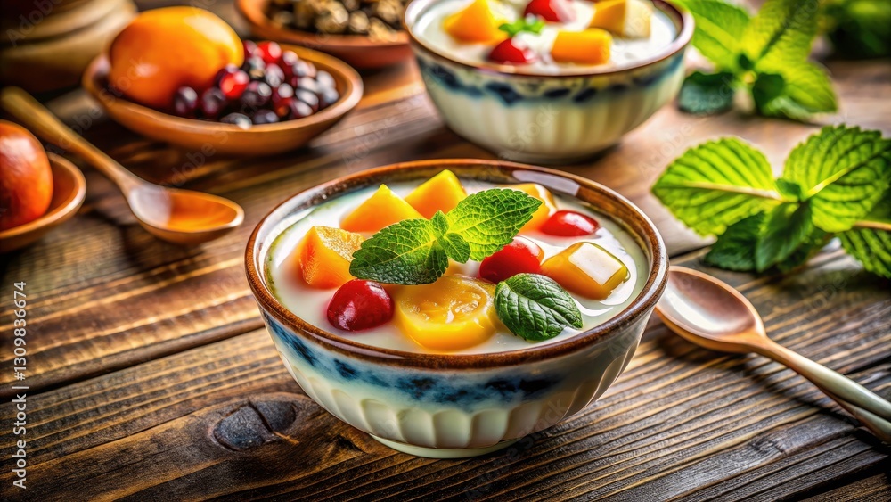 Vietnamese Sweet Dessert Soup, Che Chuoi, Sweet Pudding, Asian Dessert Recipe, Traditional Vietnamese Food Photography, Delicious Che, Yummy Vietnamese Treats, Authentic Vietnamese Cuisine Vietnamese Sweet Dessert Soup, Che Chuoi, Sweet Pudding, Asian Dessert Recipe, Traditional Vietnamese Food Photography, Delicious Che, Yummy Vietnamese Treats, Authentic Vietnamese Cuisine