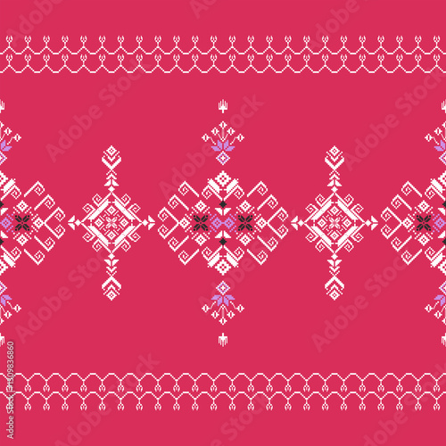 Ukrainian cross-stitch pattern. Ethnic geometric fabric pattern in white, black, purple tones on a red background with floral elements. Suitable for printing on fabric, Christmas wallpaper, sweaters.