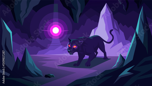 In the depths of a mysterious cave a sleek black panther bravely stalks through the darkness its glowing purple GPS beacon guiding the way.. Vector illustration