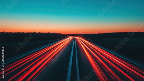 Dynamic Light Trails on Wide Highway During Vibrant Sunset Sky