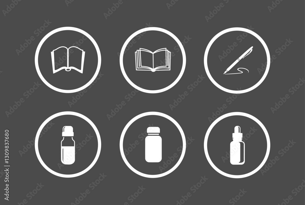 Knowledge icon set, open book, writing pen, medicine bottles Knowledge icon set, open book, writing pen, medicine bottles