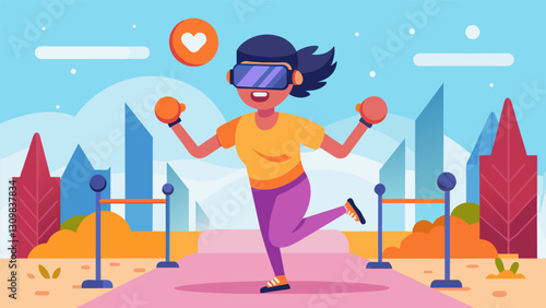 Sweating and smiling as you experience the exhilaration of a virtual reality obstacle course at the VR fitness expo.. Vector illustration