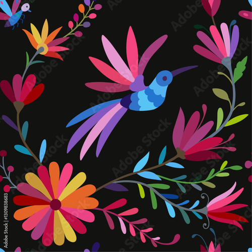 Mexican Otomi embroidery ornament. Colorful Mexican Traditional Textile Embroidery Style.