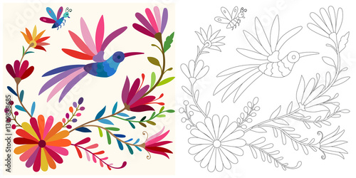 Coloring page, example for coloring, composition with flowers and animals in Mexican style