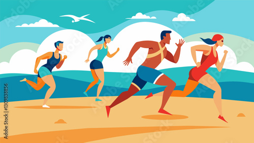 A group of athletes sprinting through a sandy beach trying to beat the clock in a brutal Summer CrossFit challenge.. Vector illustration