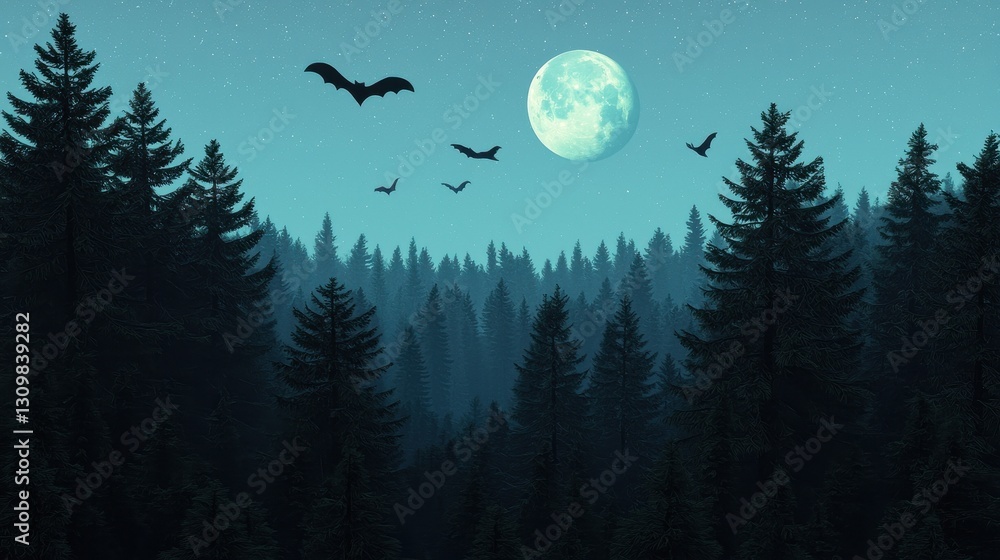Naklejka premium Enchanted Night Scene with Bats Flying Under Full Moonlight
