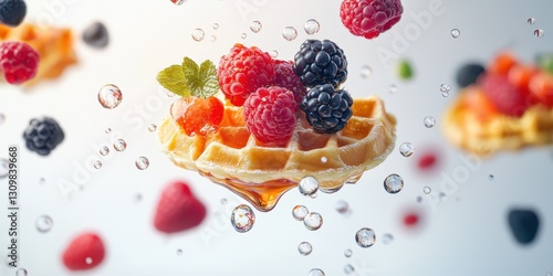 Fluffy waffles topped with berries and syrup floating on a bright white backdrop