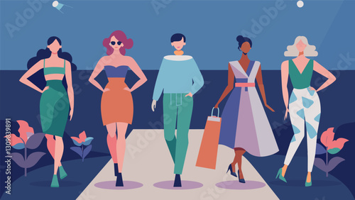A fashion show featuring models strutting down the runway in upcycled fashion designs showcasing the creativity and sustainability of the pieces.. Vector illustration