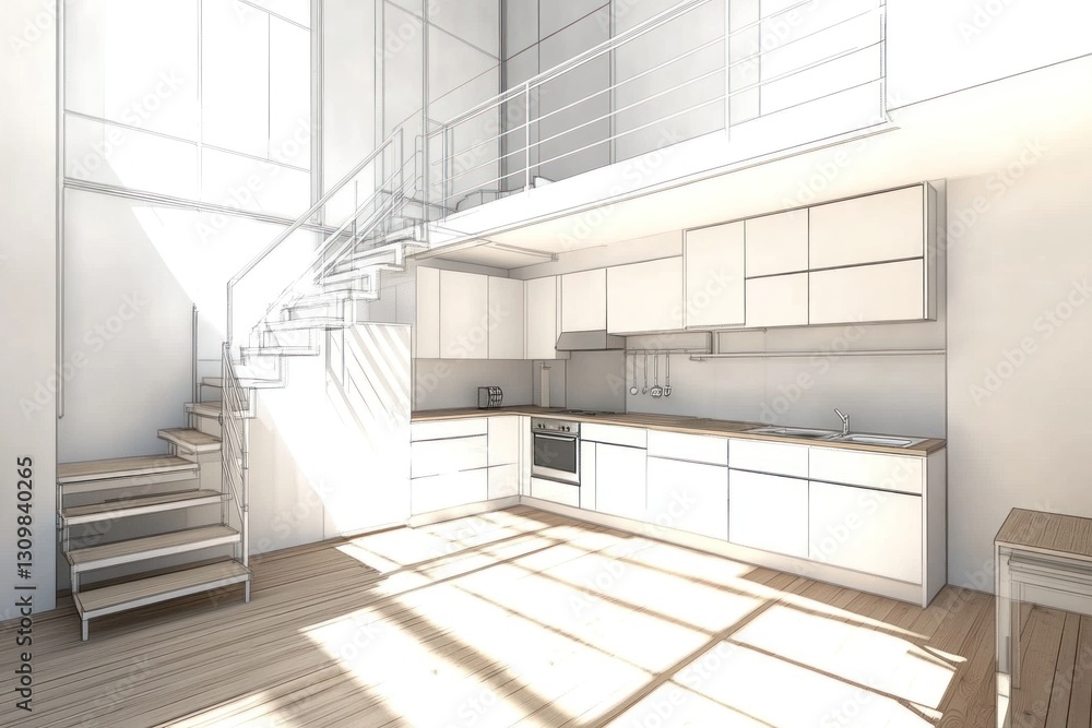 Modern loft kitchen design, architectural visualization, bright, spacious, open concept, interior design, sunlight, wooden floor, white cabinets, stainless steel appliances. Modern loft kitchen design, architectural visualization, bright, spacious, open concept, interior design, sunlight, wooden floor, white cabinets, stainless steel appliances.