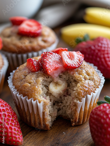Freshly baked strawberry banana muffins with fruit garnish on a wooden table