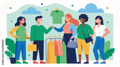 A group of individuals discussing the environmental impact of fast fashion while browsing through the clothing options at the event.. Vector illustration