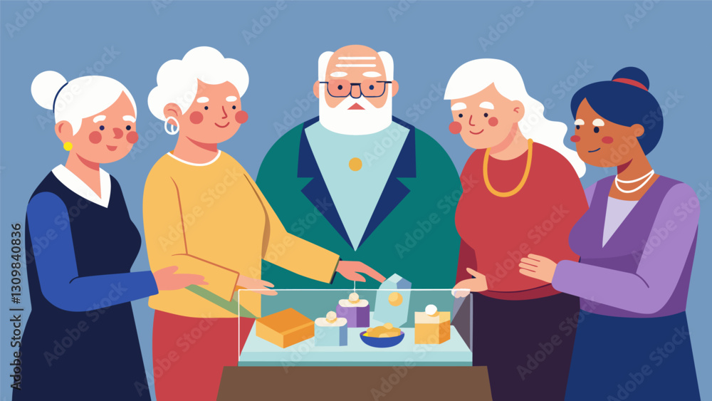 A group of senior citizens huddled around a jewelry display carefully examining each piece for hidden gems.. Vector illustration A group of senior citizens huddled around a jewelry display carefully examining each piece for hidden gems.. Vector illustration