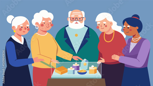 A group of senior citizens huddled around a jewelry display carefully examining each piece for hidden gems.. Vector illustration