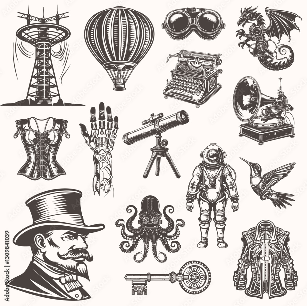 Fototapeta premium Steampunk Vector Collection – Science & Fantasy Elements