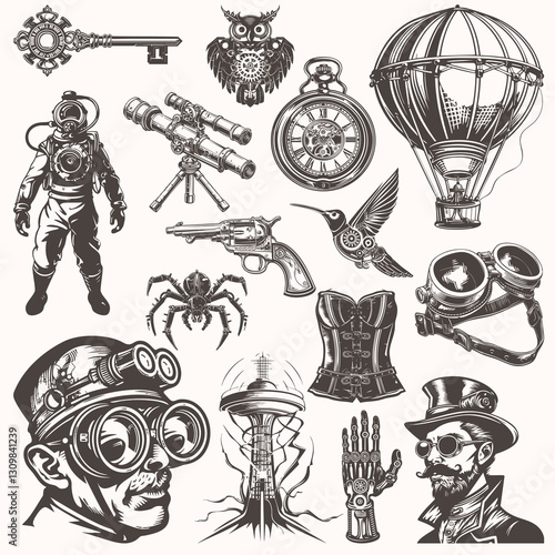 Steampunk Vector Set – Retro Futuristic Illustrations