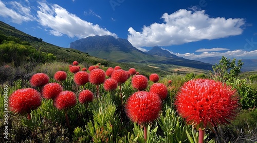 A Beautiful Scarlet Pincushion Shrub Displaying Its Radiant Blooms in a Serene Garden Environment at a Private Property in George, Western Cape
