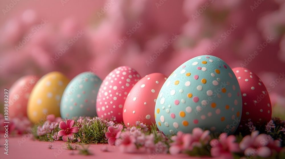 A Beautiful 3D Render Showcasing a Collection of Vibrant Easter Eggs Set Against a Pastel Pink Background A Beautiful 3D Render Showcasing a Collection of Vibrant Easter Eggs Set Against a Pastel Pink Background