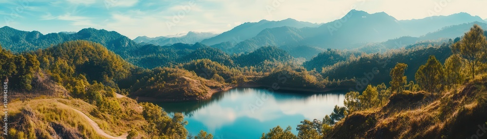 Fototapeta premium Serene Mountain Landscape with Calm Lake and Lush Greenery