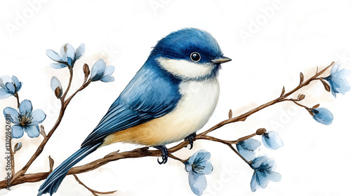  beautiful watercolor painting of a blue and white bird perched on a branch, 