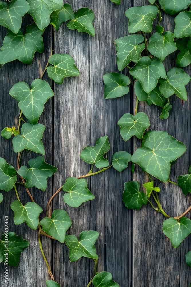 Ivy leaves climbing on rustic wooden surface Ivy leaves climbing on rustic wooden surface