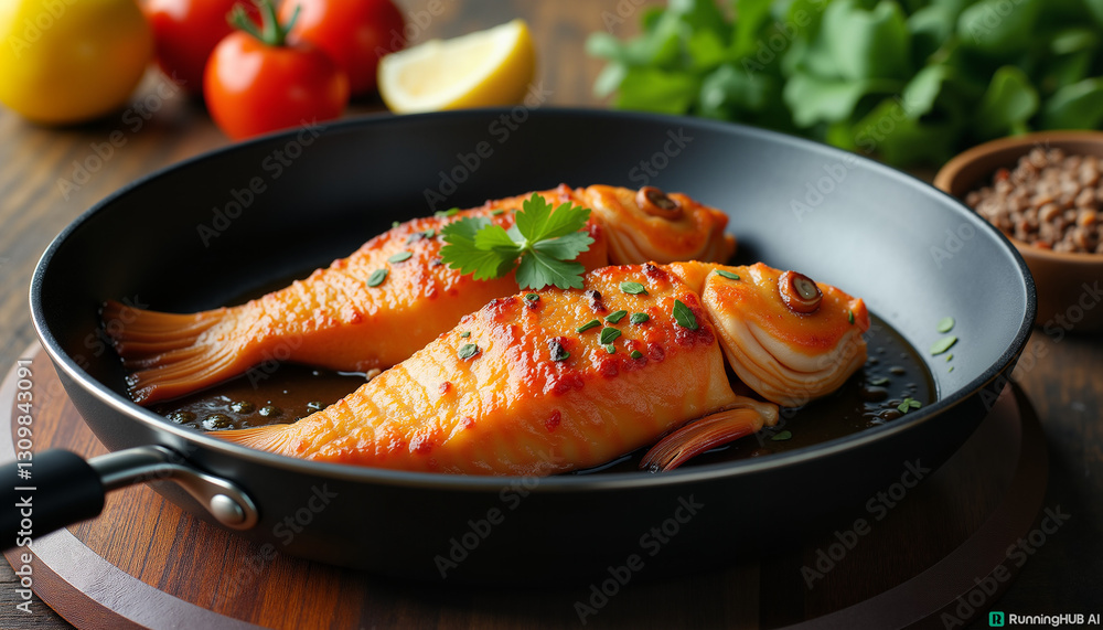 delicious grilled fish with a vibrant mood on a skillet surrounded by fresh ingredients