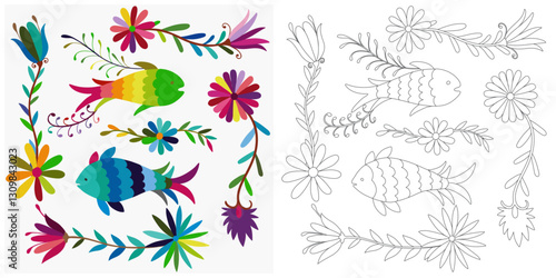 Coloring page, example for coloring, composition with flowers and animals in Mexican style