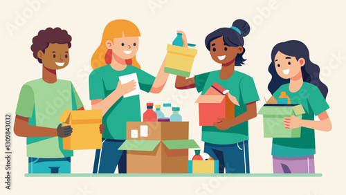 A group of volunteers sorts through boxes of donated supplies excited to pass them on to the eager hands of young artists at a nearby afterschool. Vector illustration
