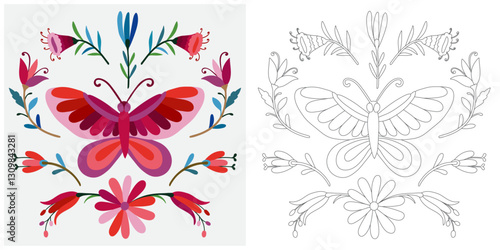 Colorful Mexican Traditional Textile Embroidery Style.