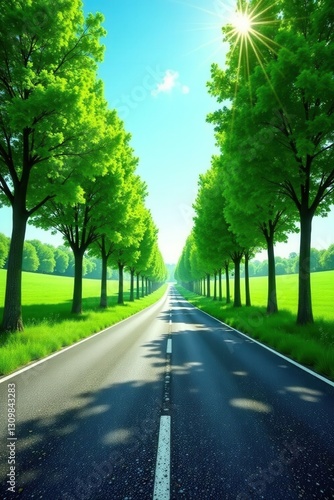 A sun-drenched asphalt road lined with vibrant green trees, leading towards a bright horizon on a clear day