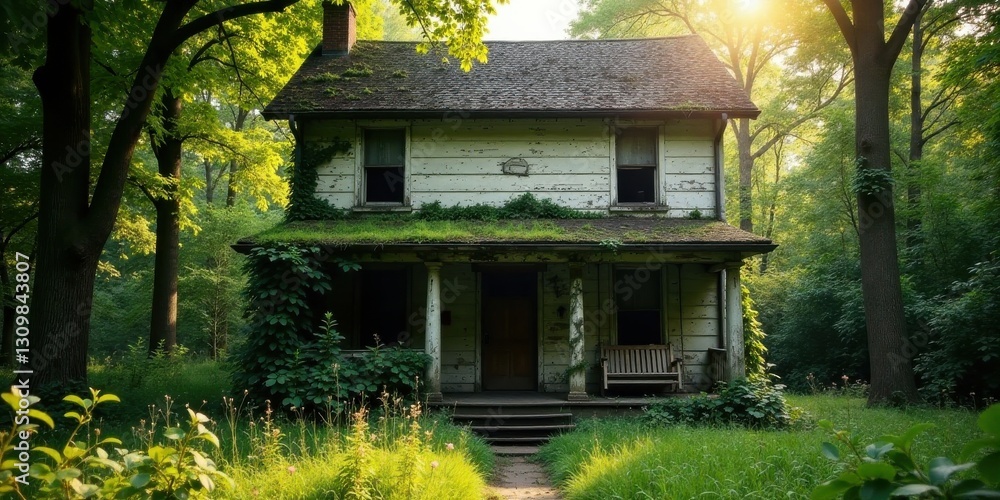 Sunlit Rustic House Overgrown with Nature's Embrace in a Tranquil Woodland Setting Sunlit Rustic House Overgrown with Nature's Embrace in a Tranquil Woodland Setting