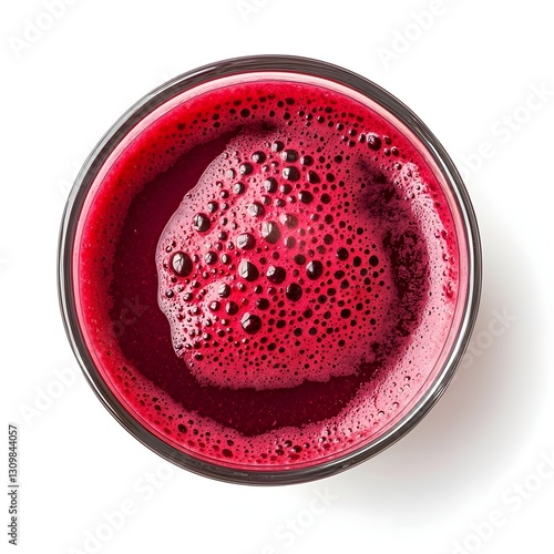 Fresh Beetroot Juice in a Glass with Foam, Top-Down View, Isolated on White Background