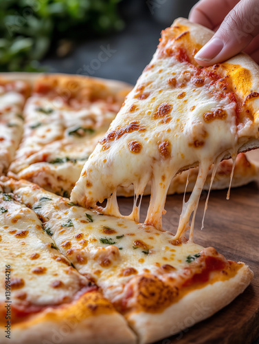 Delicious cheesy pizza slice being pulled from freshly baked pie in a cozy kitchen setting